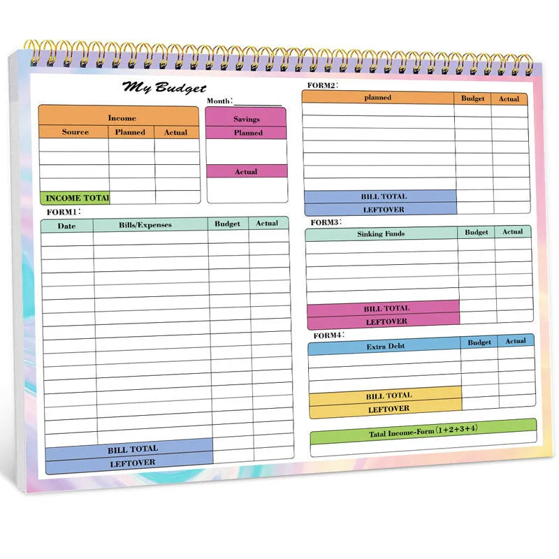 B5 size spiral-bound budget tally book with a PP cover, open on a table.