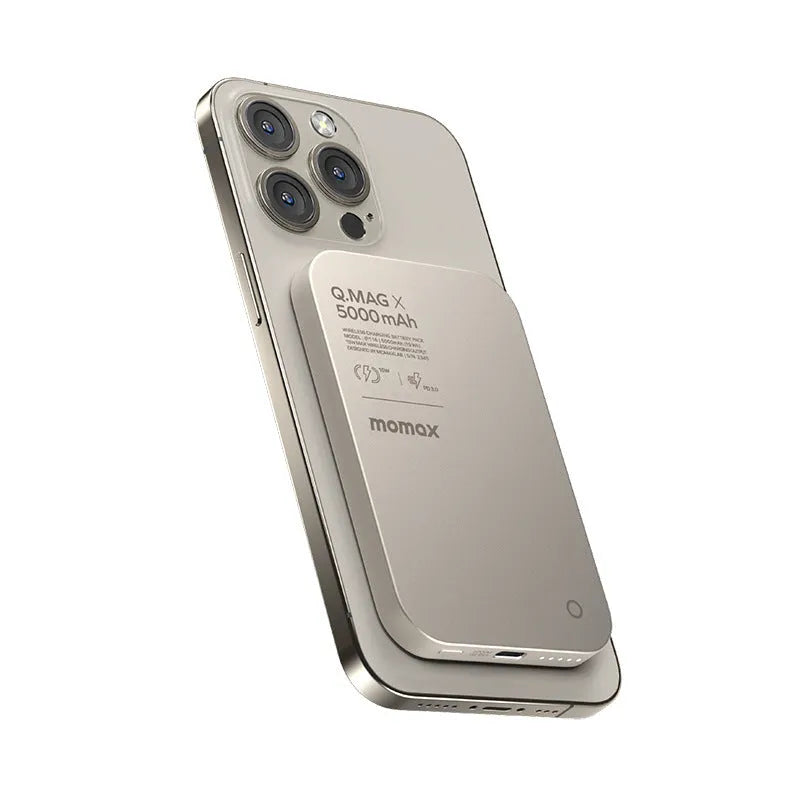 Titanium gold magnetic wireless power bank with alloy metal shell.
