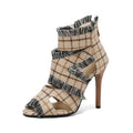 Women's plus size denim high heel sandals in plaid and leopard print, available sizes 32-50.