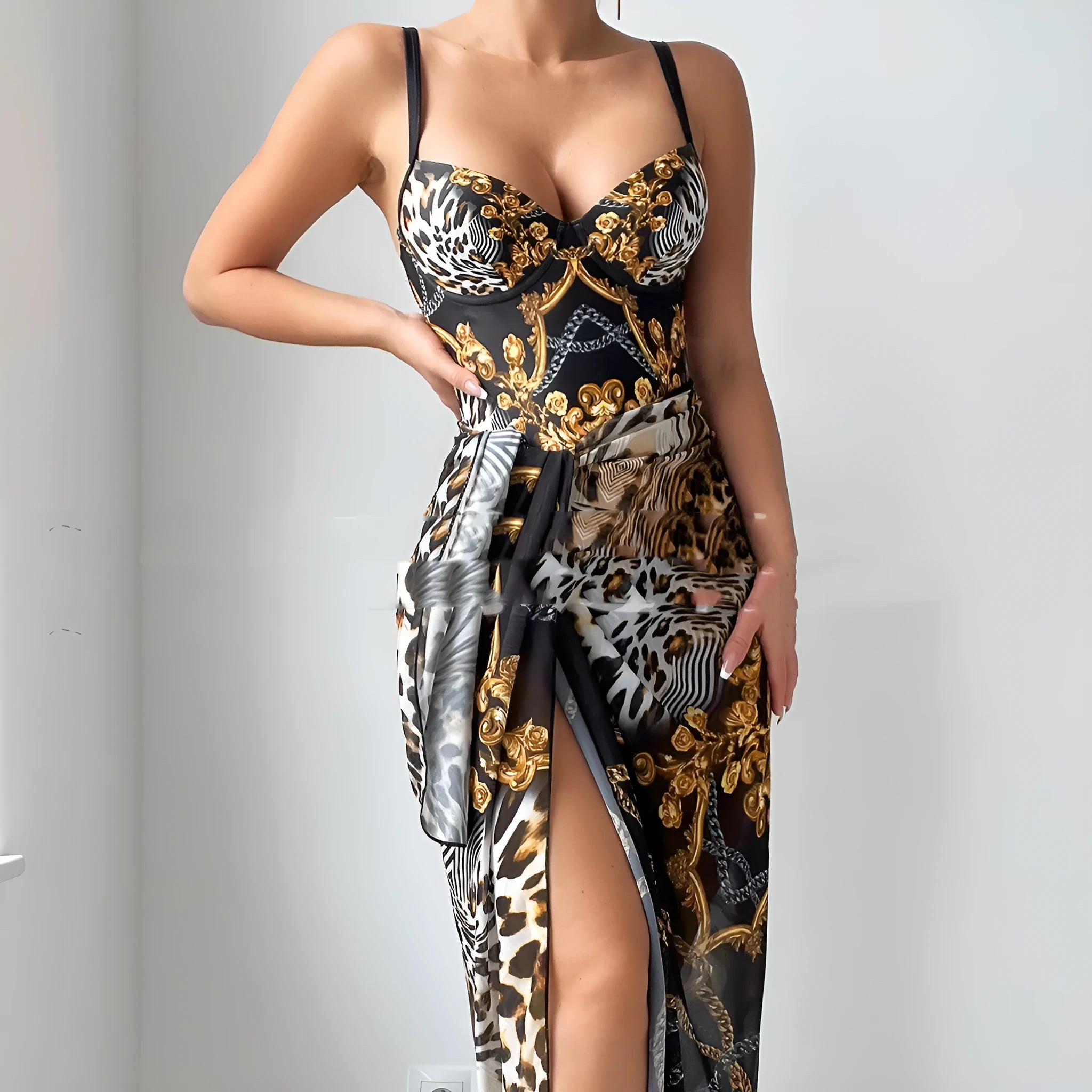 Black double shoulder steel bracket gather thin split bikini suit for women polyester swimwear