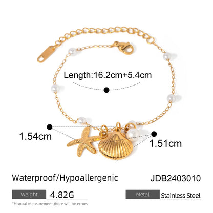 18K gold-plated stainless steel bracelet with pearl chain and shell starfish pendant