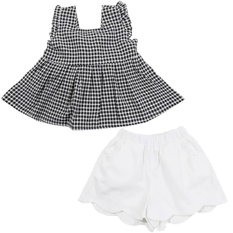Girls summer two-piece set black suit long sleeve top and shorts Korean style polyester blend 80-130cm