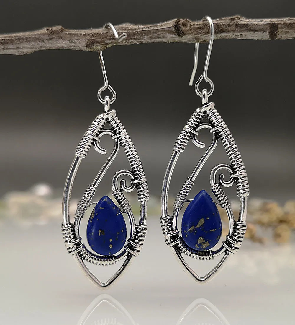 Creative Lapis retro silver string winding turquoise earrings with geometric design