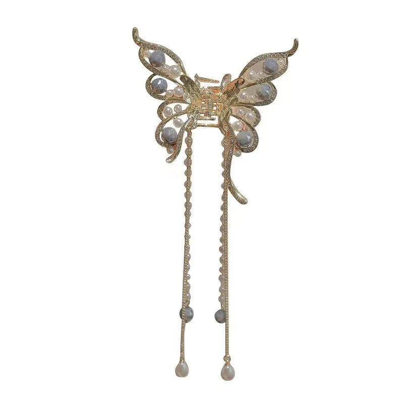 Women's alloy butterfly tassel grab clip, 8x8.5cm butterfly with 15cm tassel, manual finish, F0403 Butterfly tassel colour