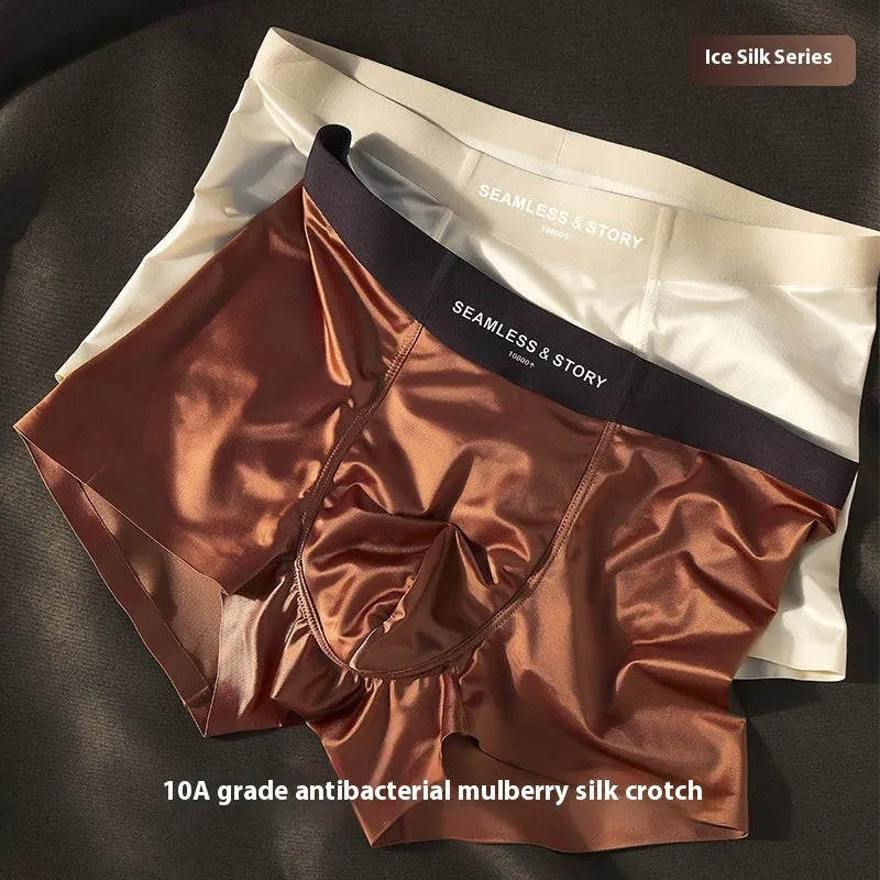 Men's mid-waist ice silk underwear in solid colours including coffee, light grey, white, and blue.