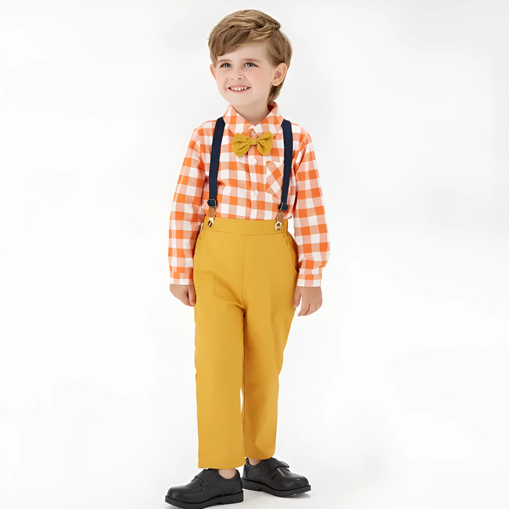 Boys' cotton long sleeved shirt and overalls set in dark green plaid pattern