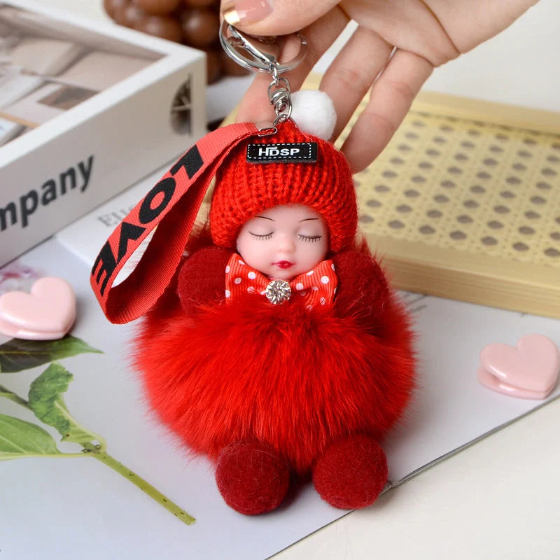 Hand-woven fox fur sleeping doll plush keychain pendant with or without bow