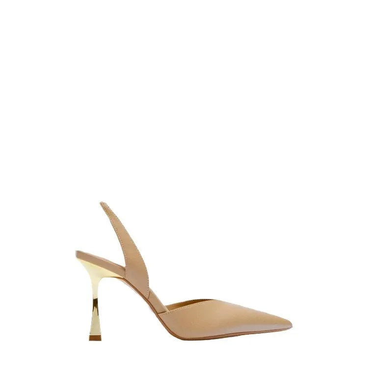 Women's pointed toe high heels in apricot colour with a shallow mouth design and glossy patent leather upper.
