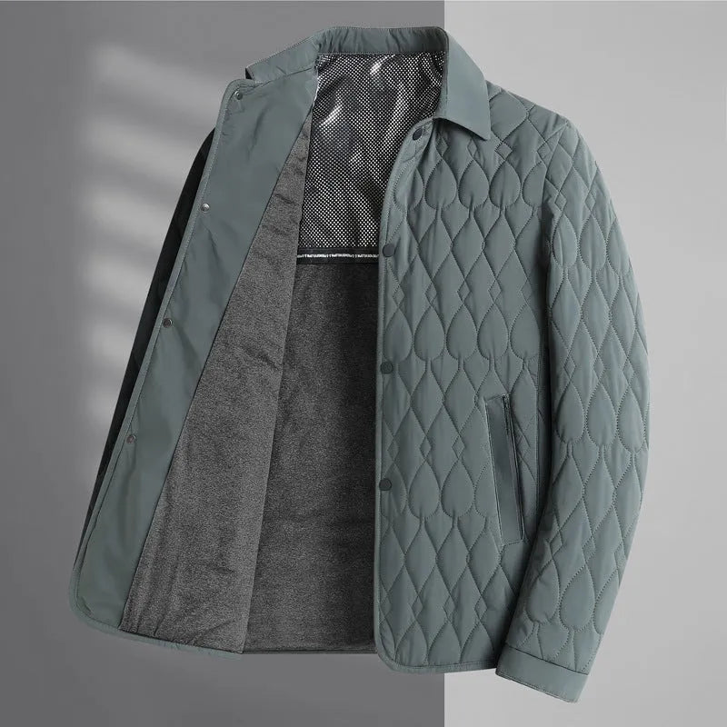Men's lightweight diamond lattice cotton-padded jacket in black, gray green, and navy blue for autumn winter