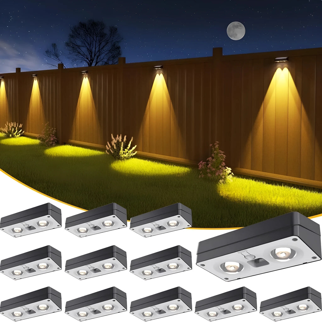 Black solar LED fence light with colourful fixed lens, IP55 rated, 105mm, mounted on a wooden fence