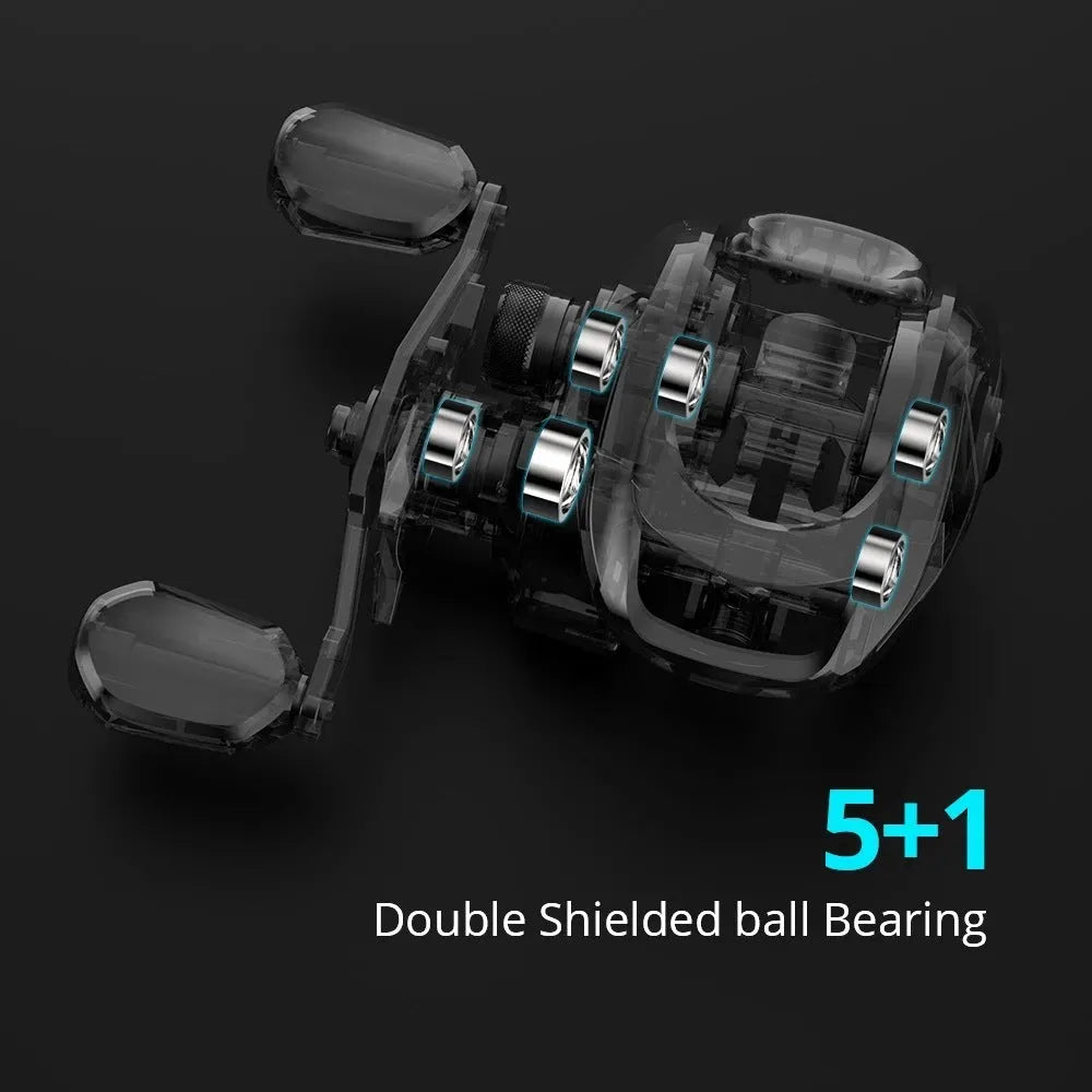 Drip wheel fishing reel with rocking wheel line guide, showing left and right-handed wheel options.