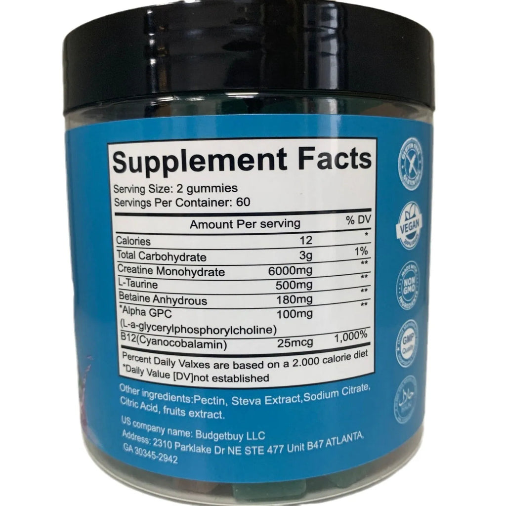 Bottle of raspberry flavoured creatine monohydrate gummy supplements containing 120 tablets