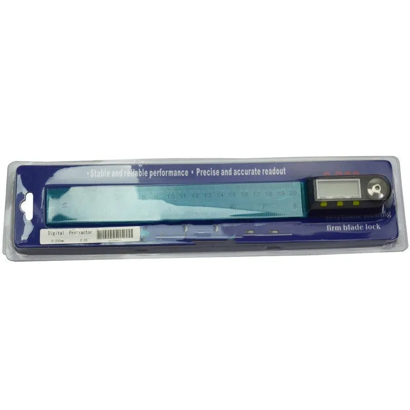 Stainless steel digital angle ruler and protractor with 0-360 degree display on black background