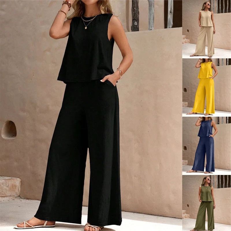 Women's solid colour casual loose pants set with sleeveless top in various colours