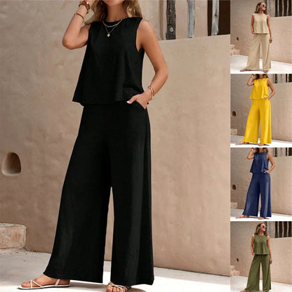 Women's solid colour casual loose pants set with sleeveless top in various colours