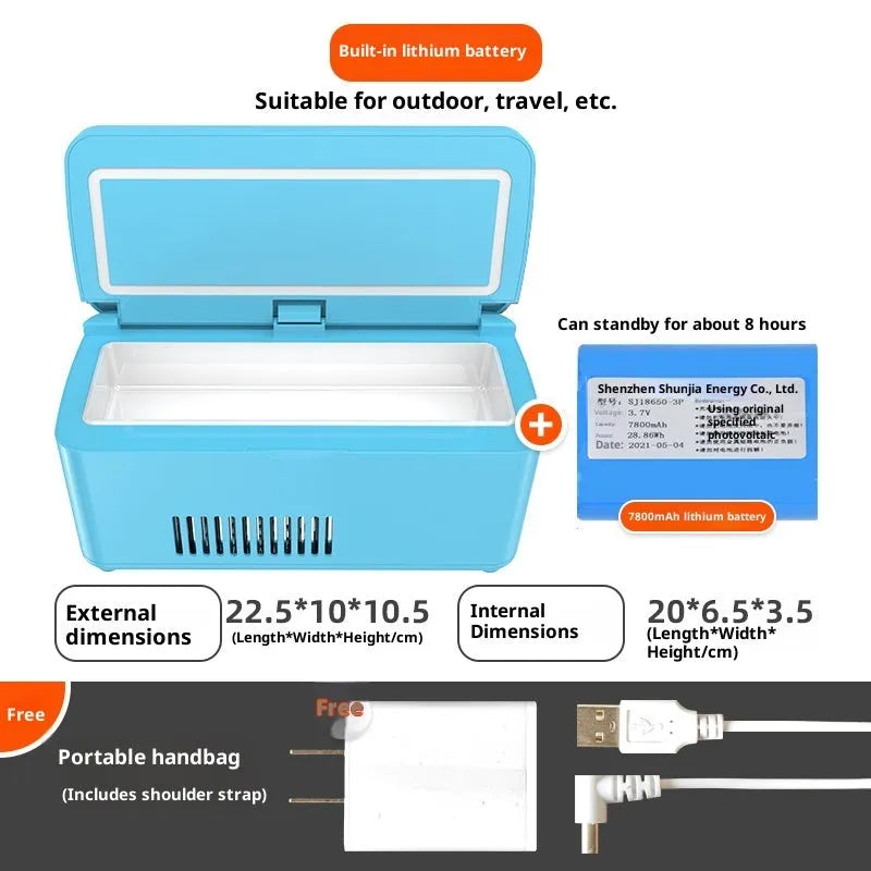 Portable insulin frozen box in white with fast refrigeration and rechargeable battery for car and home use