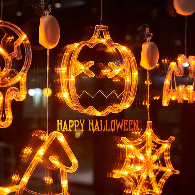 Spooky Halloween window hanging lights featuring pumpkins, spiders, and ghostly figures for a festive atmosphere