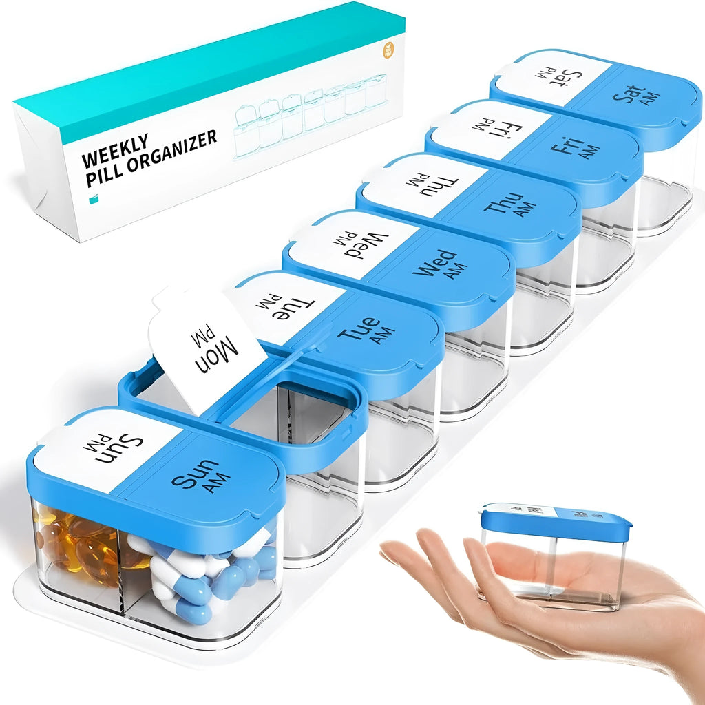 Extra large white and rainbow coloured plastic pill box with 14 removable grid compartments.