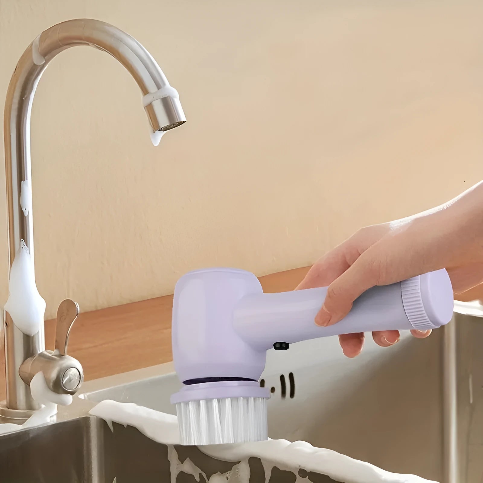 5 In 1 Multifunctional Electric Brush Cleaner in purple with five interchangeble heads for bathroom sink kitchen window cleaning