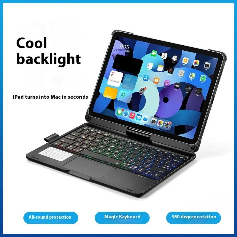 Miaocontrol rotating Bluetooth keyboard case for iPad Air and Pro in silver colour showing 360-degree hinge