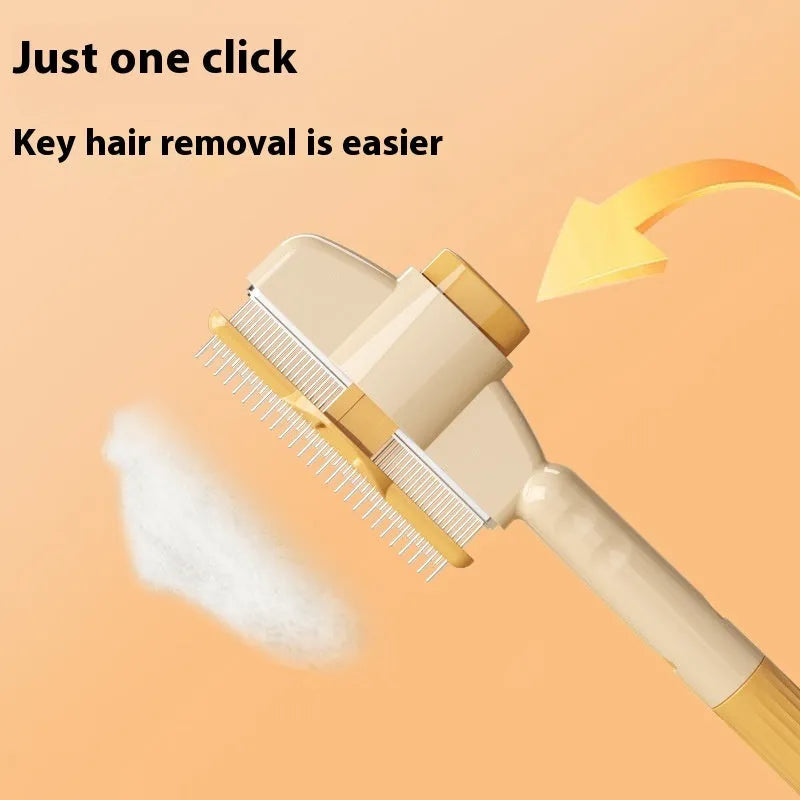 Yellow and green self-cleaning pet comb with stainless steel teeth and release button