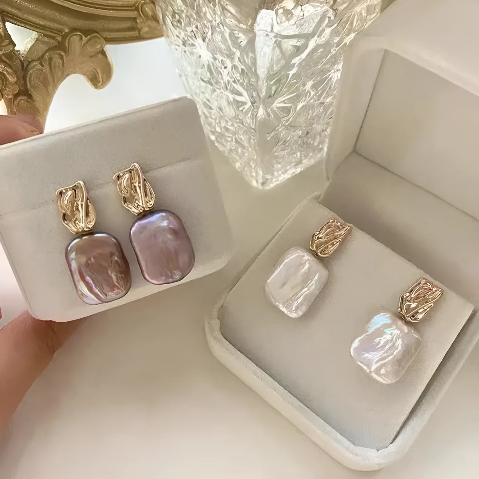 Natural freshwater pearl square stud earrings with geometry quadrilateral retro design in purple white pink colours