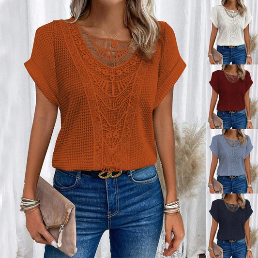 A stylish, cutout short-sleeve tee in various vibrant colors for women's casual summer fashion