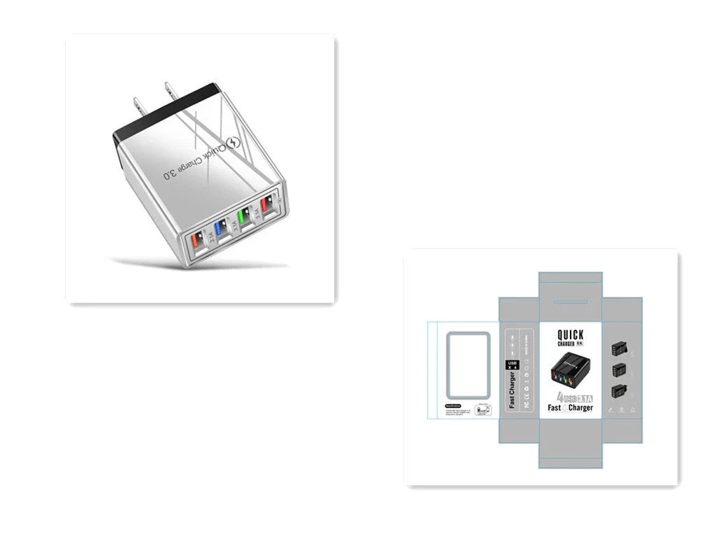 Powerful USB wall charger with Quick Charge 3.0 and 4 charging ports for fast, convenient device charging