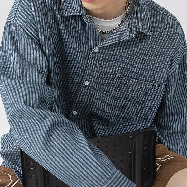 Blue men's denim shirt cardigan style with stripes on hanger