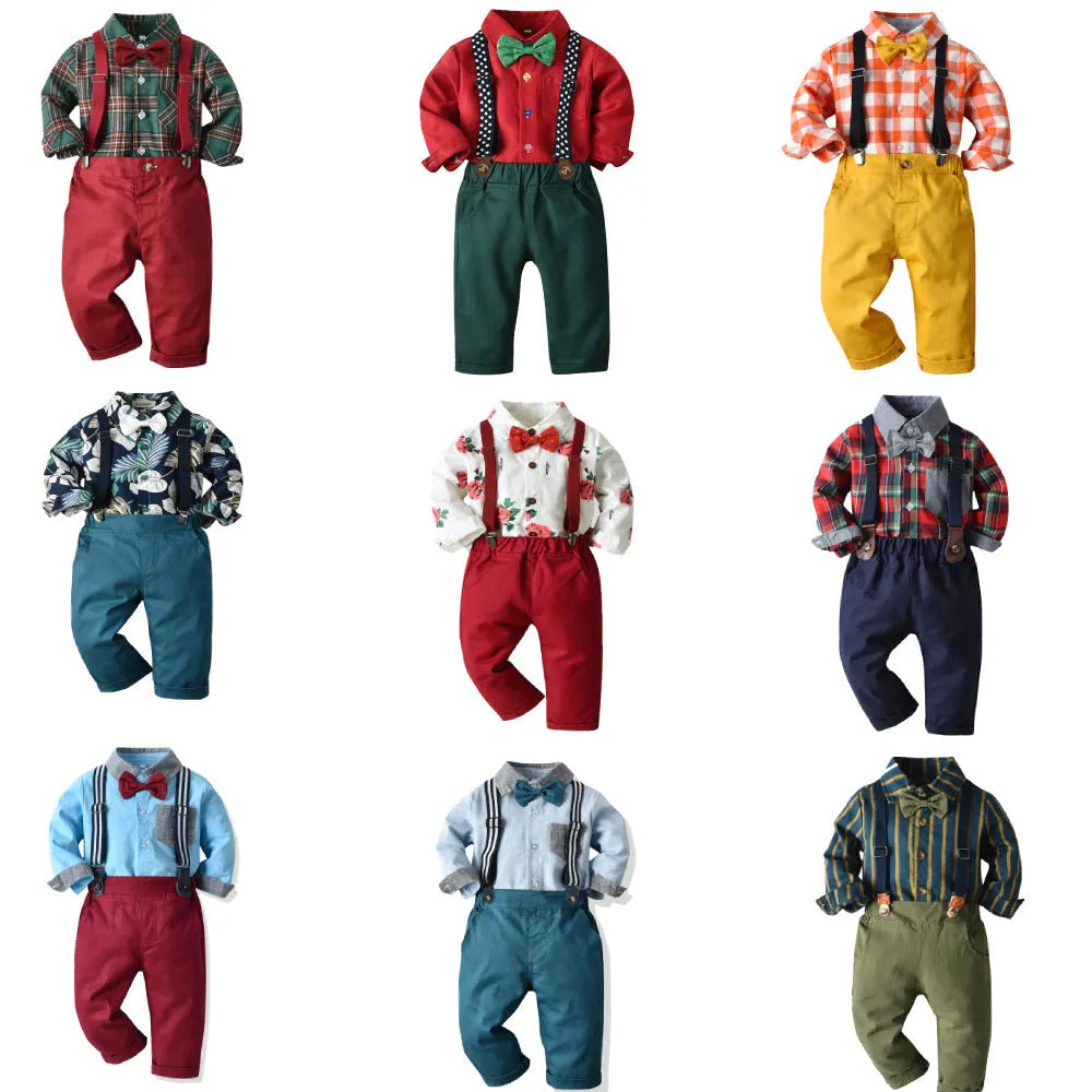 Boys' cotton long sleeved shirt and overalls set in dark green plaid pattern
