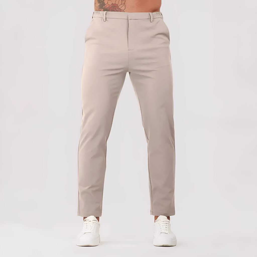 Men's solid colour casual suit trousers in grey, mid waist straight leg with button fly