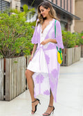 Light purple beach dress with lace embroidery detail, cardigan blouse style swim cover-up