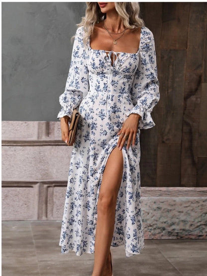 Floral print long sleeve dress with square neck and bottom slit in various colors