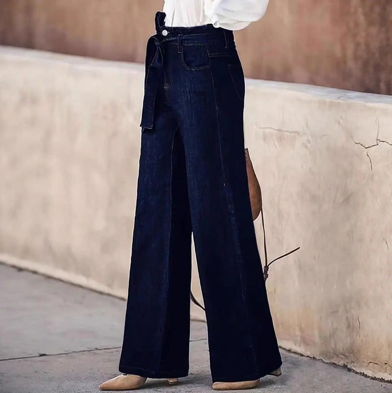 American Hot Girl Retro Wide Leg Jeans in 100% cotton denim with straight-leg design and Japanese-Korean casual styling, available in black and dark blue colour options across five sizes