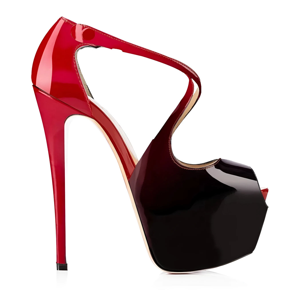 Black and red women's peep toe high heel shoes with a matching cross strap and a high heel.