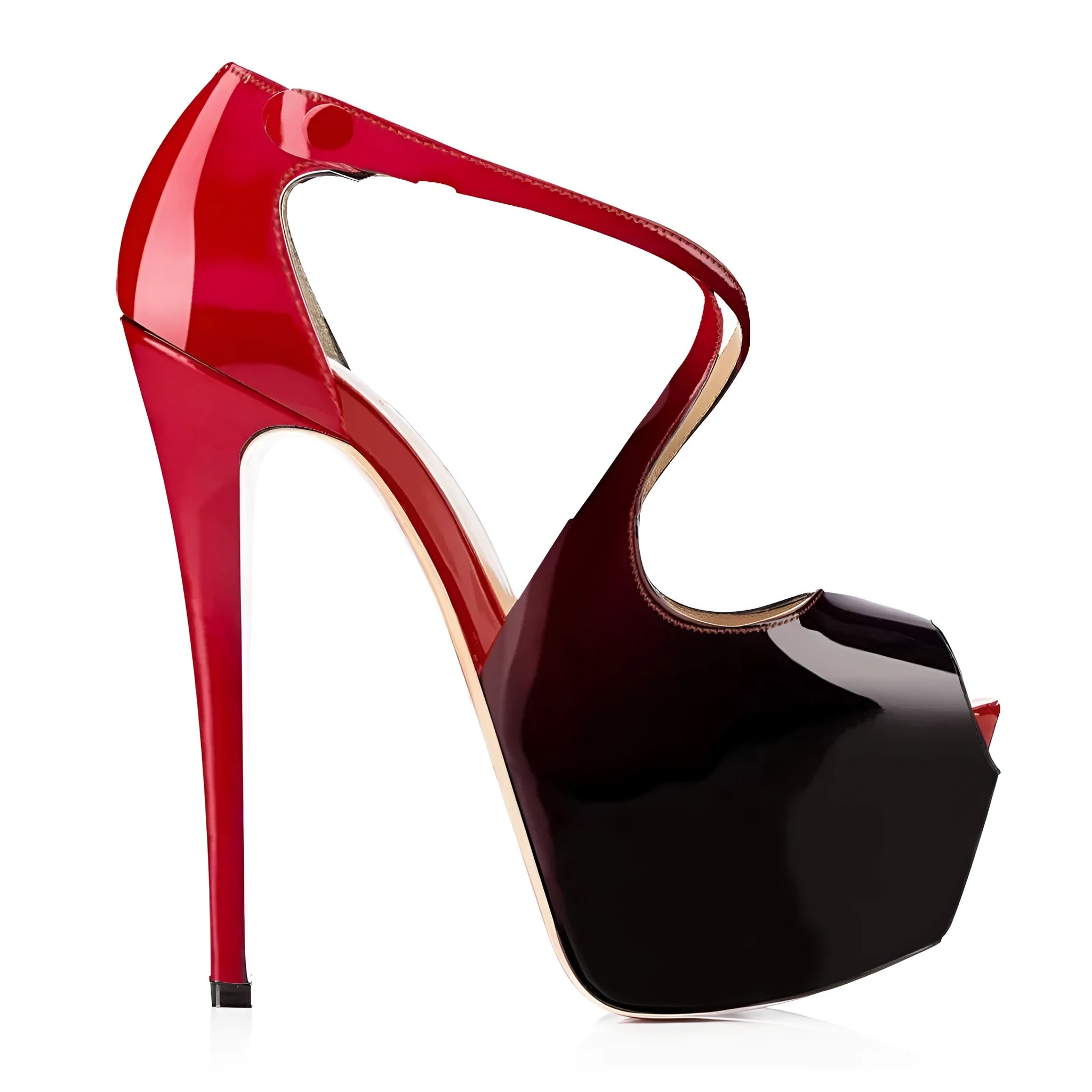 Black and red women's peep toe high heel shoes with a matching cross strap and a high heel.