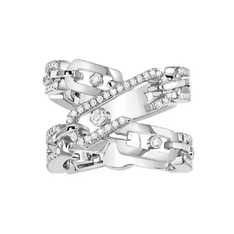 Niche clip design ring for women, copper geometric band with inlaid zircon stone, white gold colour, sizes No 6 to No 10
