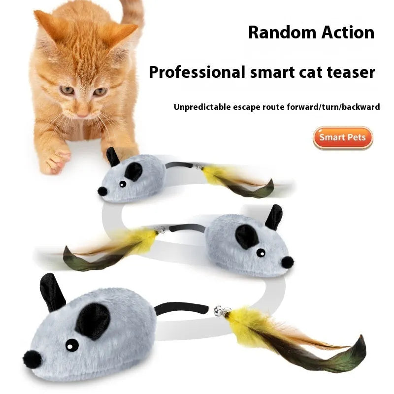 Grey electronic cat toy mouse with feather tail decoration and charging cable