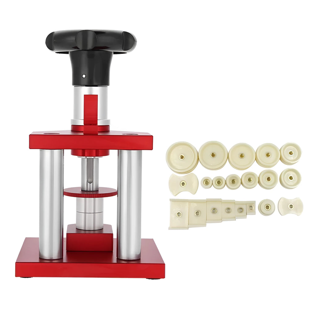Watch repair spiral cap presser tool with set of 20 plastic moulds for back cover replacement