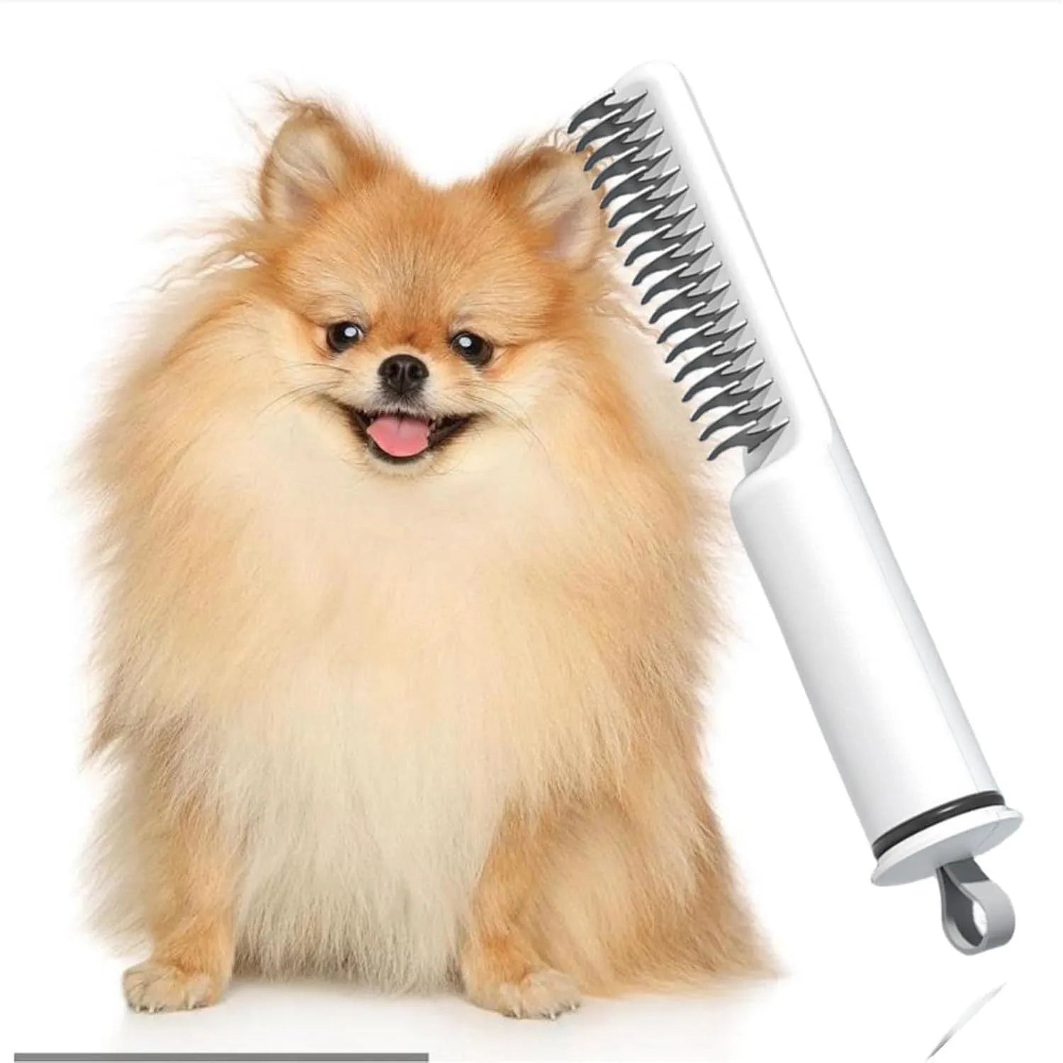 Stainless steel dog dematting comb with ergonomic handle on a pink background