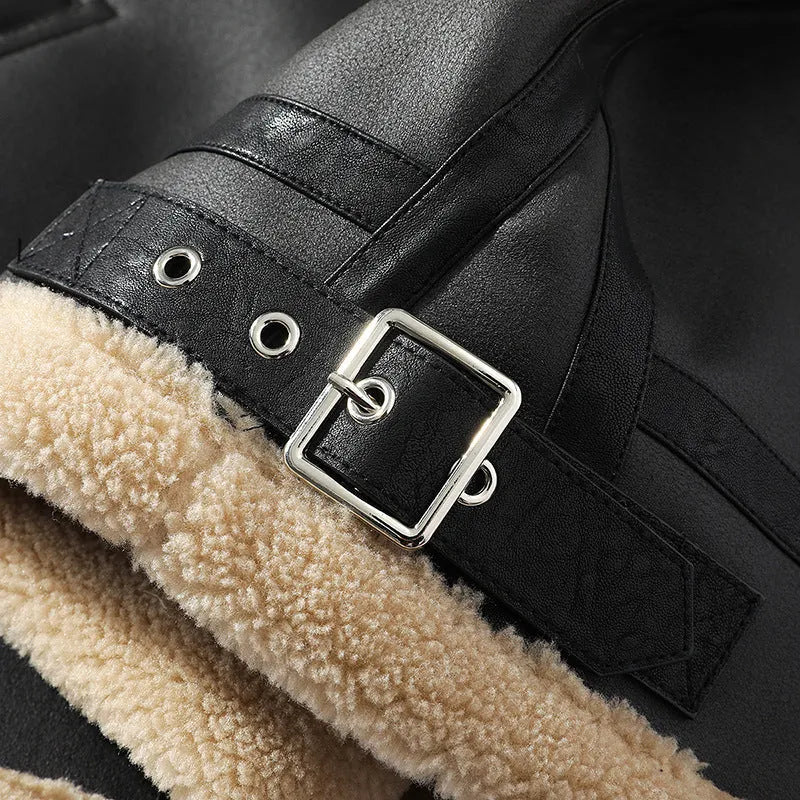 Men's winter fleece-lined short sheepskin PU leather coat in black, retro style, sizes M to 5XL