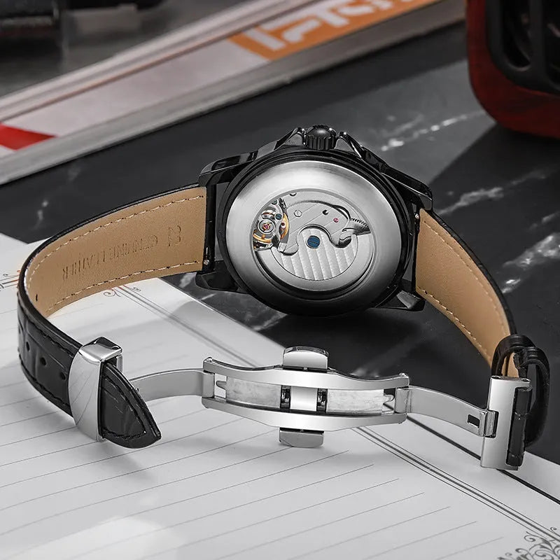 Men's black or white automatic business watch with steel bracelet or leather strap on wrist