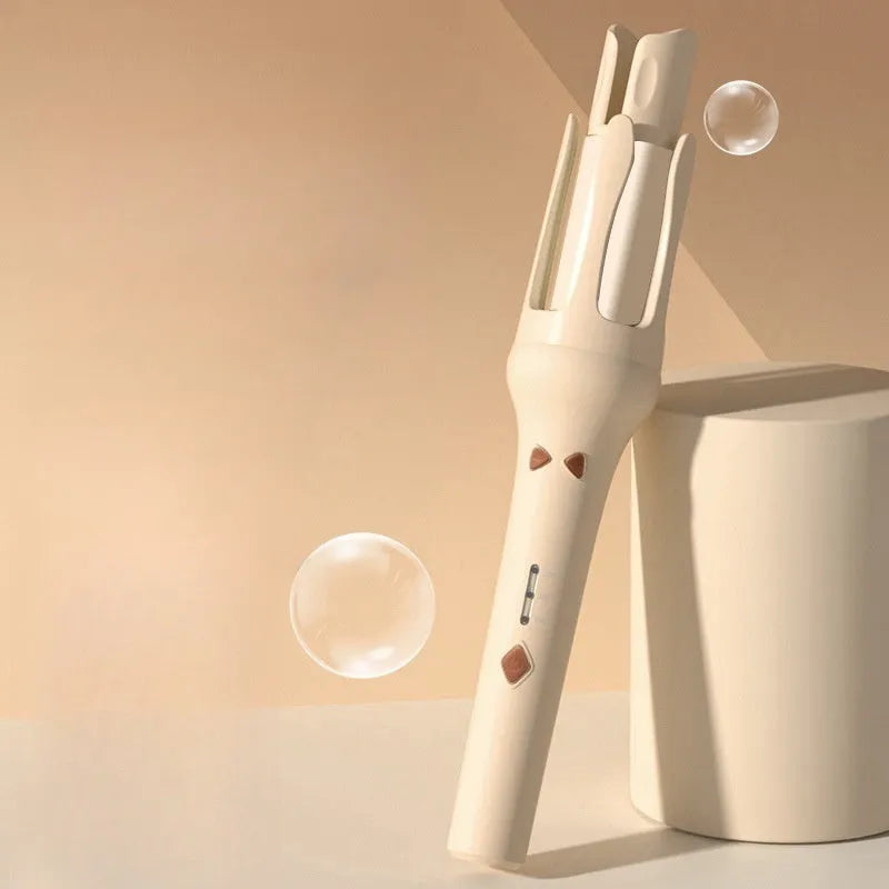 Automatic hair curler with white ceramic barrel on a stand, showing colour options.