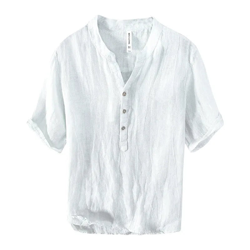 Retro striped linen pullover top in grey, shown on a model, featuring short sleeves.