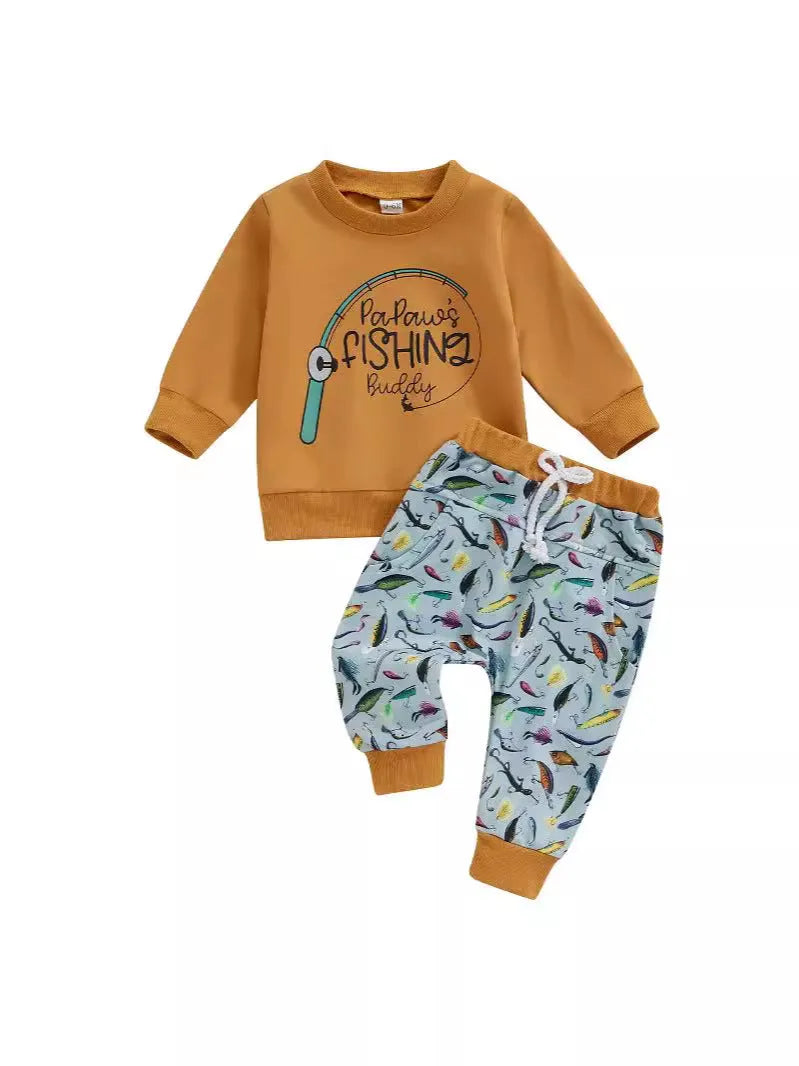 Boys cotton long sleeve top and trousers suit in animal letter print, green and orange colour options