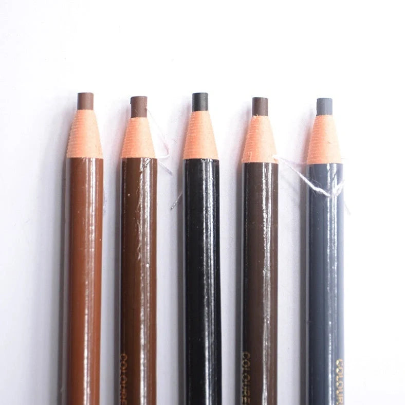 Brown microblading eyebrow pen with 0.1mm tip showing hair-like strokes on skin, 14.5cm length with protective cap