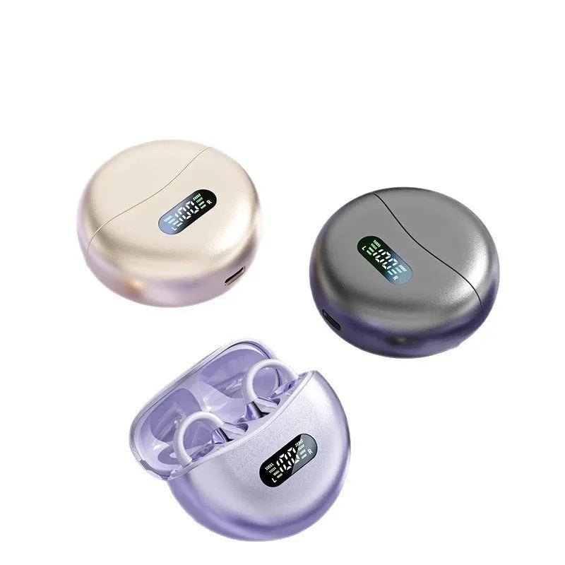Berlin Sound ear clip wireless Bluetooth headphones in sporty style with silicone material, available in purple, black, and skin colours