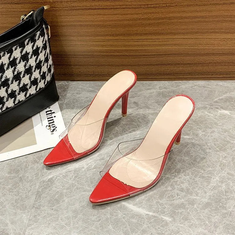 Women's ultra-high vamp stiletto heel slippers in apricot colour with open toe bracket