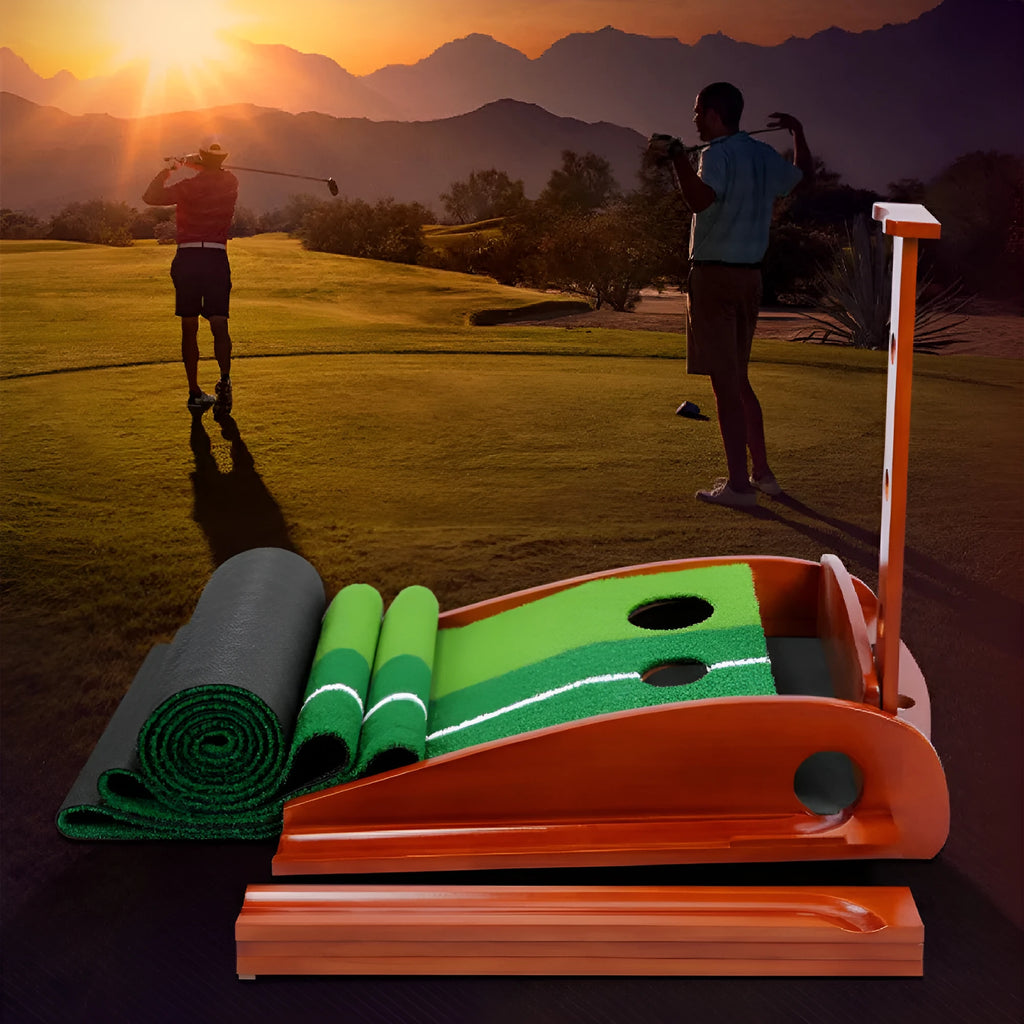 Indoor golf putting practice mat with solid wood frame and dual holes on artificial grass surface.