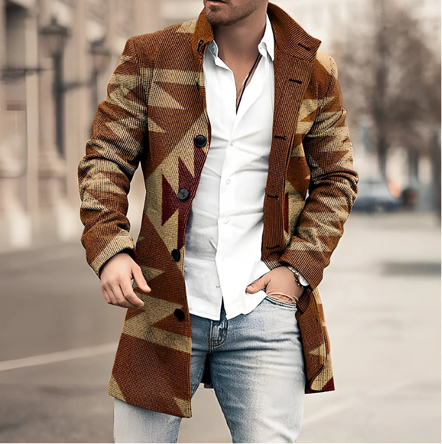 Youth slim casual cotton windbreaker jacket in blue or brown, sizes M-4XL with 83-88cm length and 110-130cm bust measurements